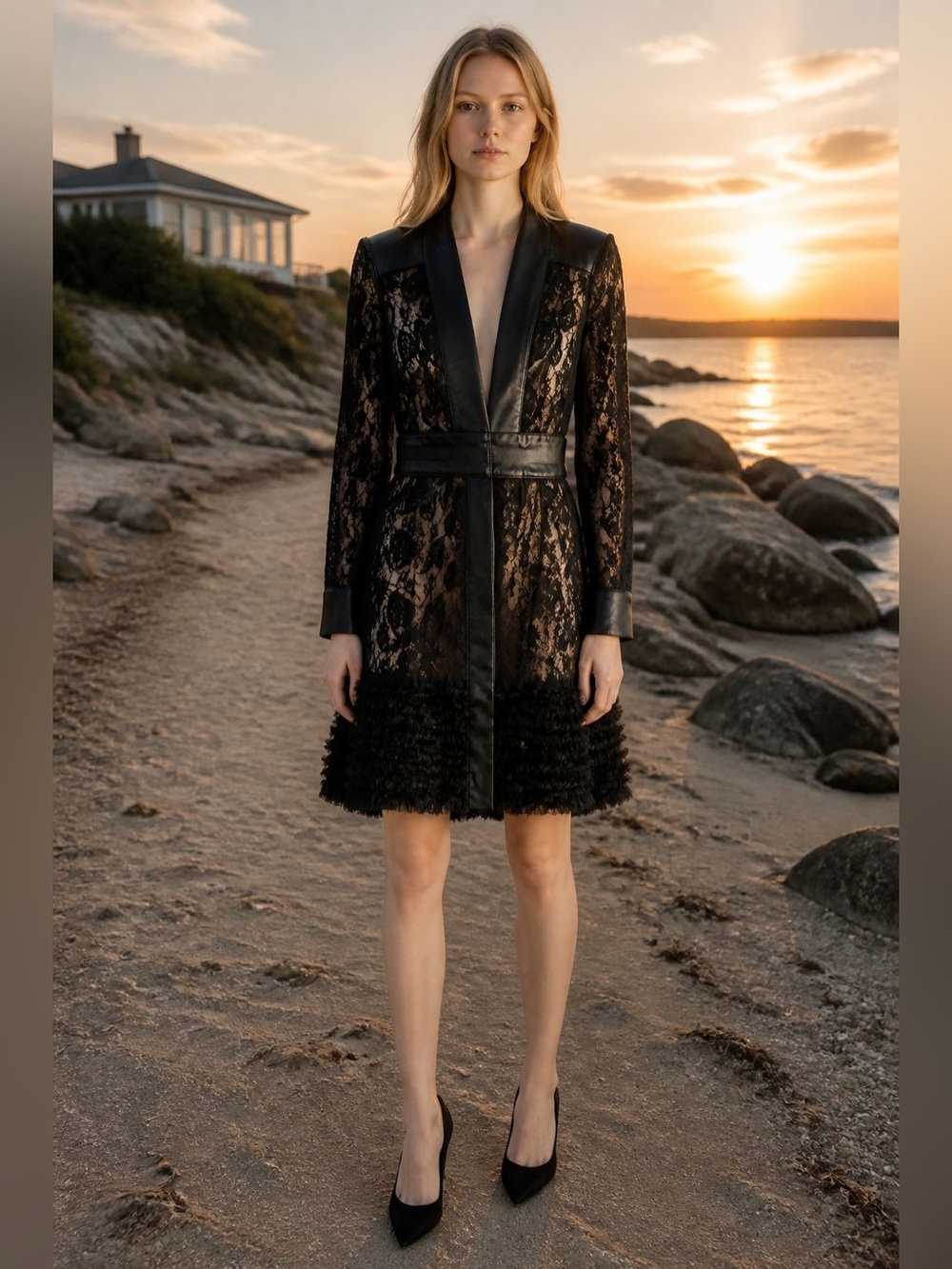 Gemma Kahng Elegant Black Faux Leather and Lace Women's Coat or dress